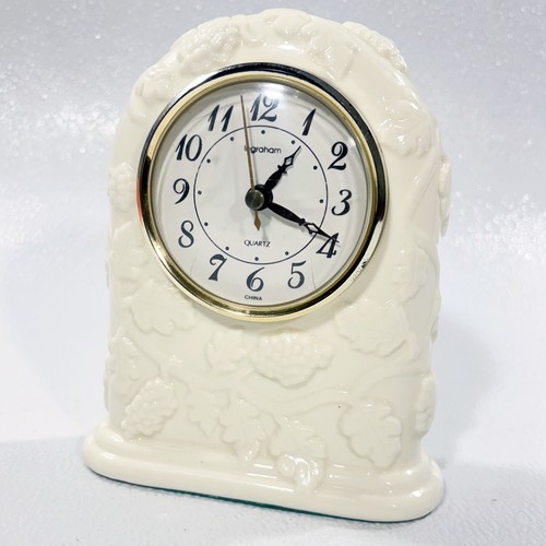 Ingraham Porcelain Mantel Shelf Clock White Ivory Embossed Grapes Quartz Tested