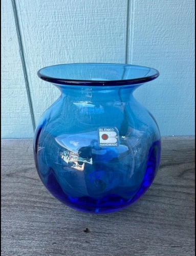 VINTAGE BLENKO ART GLASS BLUE VASE ORIGINAL LABEL HAND BLOWN 8725S