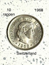 1968 Switzerland 10 Rappen Copper Nickel Coin Helvetica