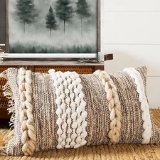 Boho-Chic 12x20 Handwoven Cotton & Wool Lumbar Pillow Cover Farmhouse Decor