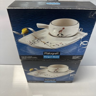 New In Box Pfaltzgraff Penguin Skate 2-Piece Snack Set. 2 Boxes In The Lot