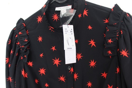 Topshop Black/Red Star Print Shirt Dress, Long Sleeves, Size Uk 6 - Picture 6 of 10