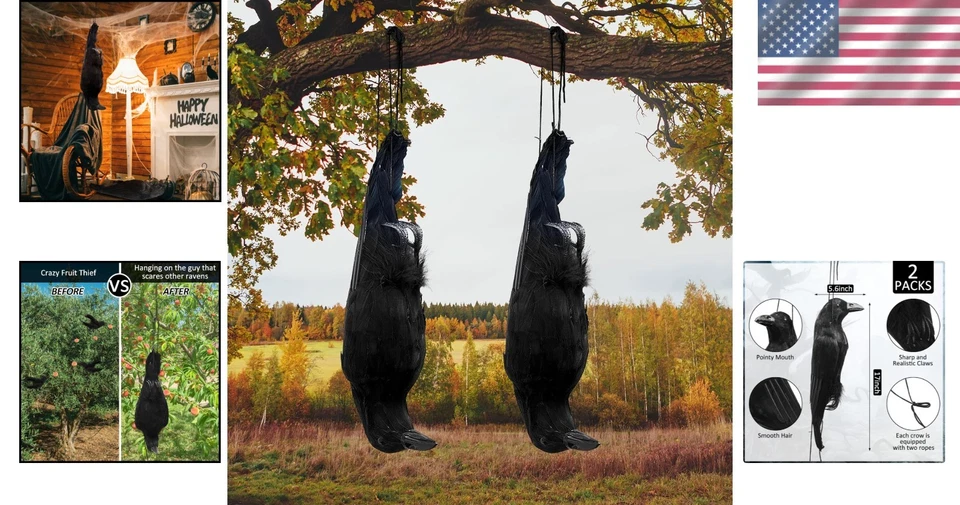 Lifelike Hanging Crows Set - Enhance Your Halloween Decor with 2 Realistic Props - Image 2 of 4