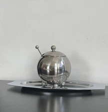 Vintage Art Deco Atomic Stainless Steel Sugar Pot W/spoon And Kromex Tray