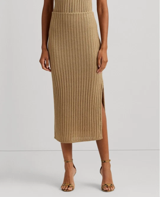 Lauren Ralph Lauren Women Rib Knit Linen Pencil Skirt Beige Size L