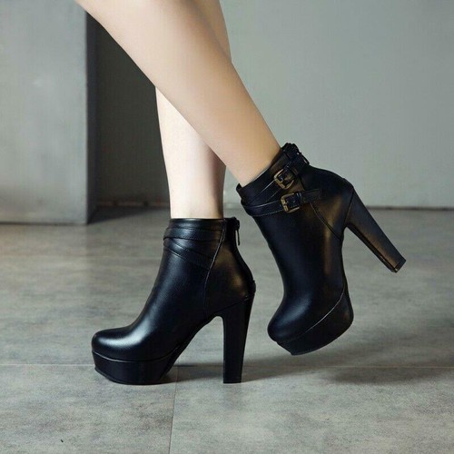 Women's Platform Round toe Zipper Cross Buckle Ankle Boots Block High Heel Shoes - Bild 11 von 16