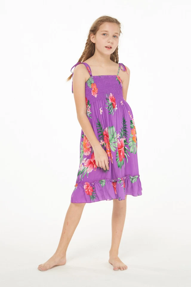 Vestido Luau hawaiano con volantes elásticos para niña en púrpura Foto 3 de 4