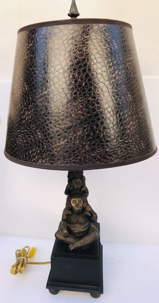 Vintage 3 Monkey Lamp Mom Babies Stacked Unique Rare Collectible Resin Carved