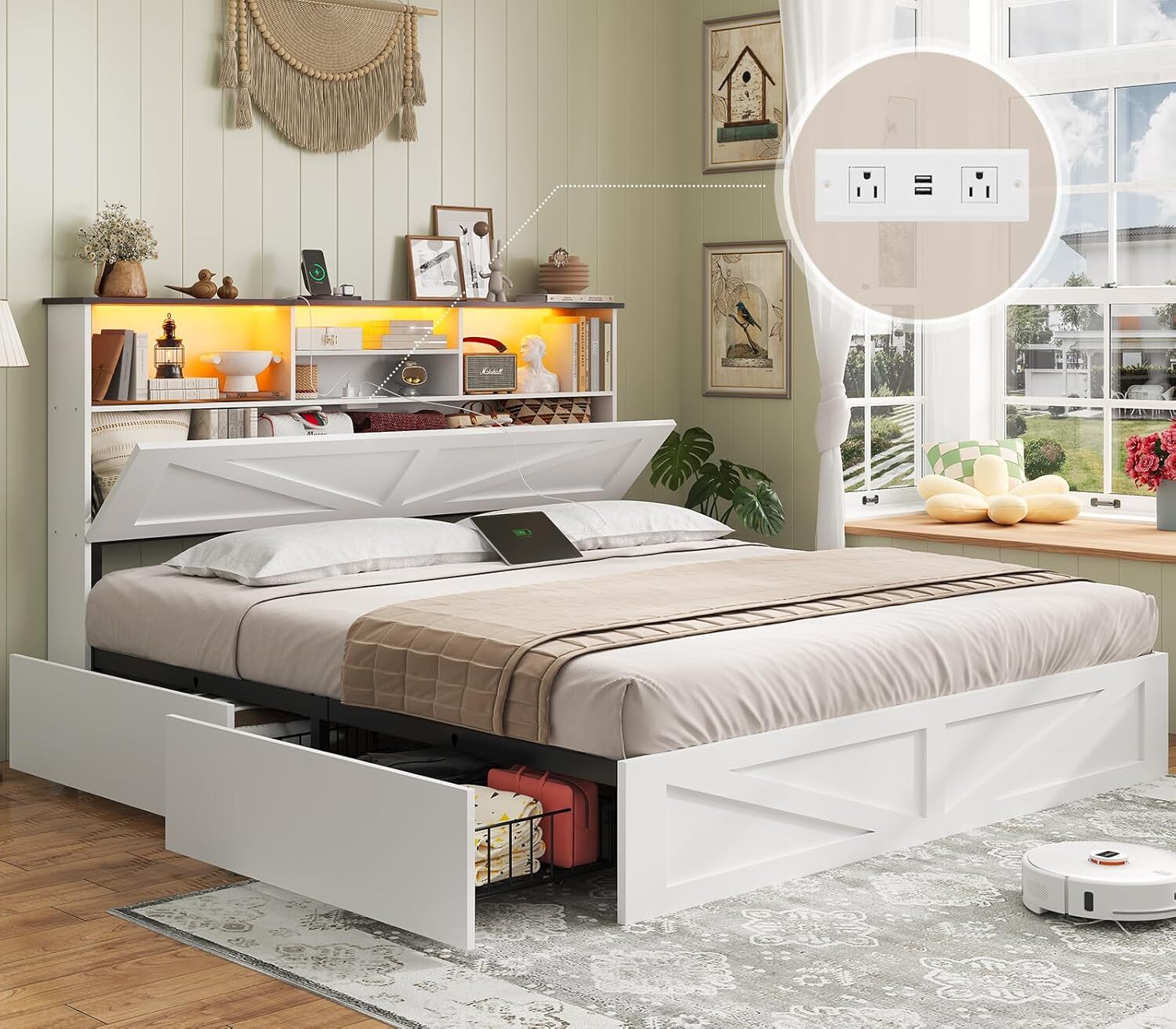 Farmhouse Full Size Bed Frame with 4 Storage Drawers in Solid Wood  -image