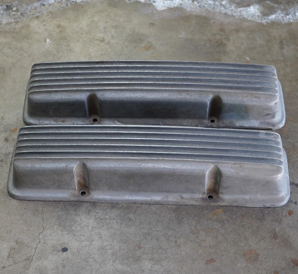 CUBIERTAS DE VÁLVULAS MOON sbc Chevy V8 de colección con aletas de aluminio Hot Rod personalizadas Holmes antiguas Foto 3 de 4