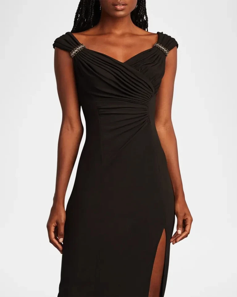 Vestido Sho Tadashi Shoji Negro Adornado Hombro Acanalado Body-Con Talla 12 $358 Foto 3 de 3