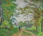 Painting Ernst Eitner 1867-1955 "Way in Spring" Hunter with Dog on Forest Path