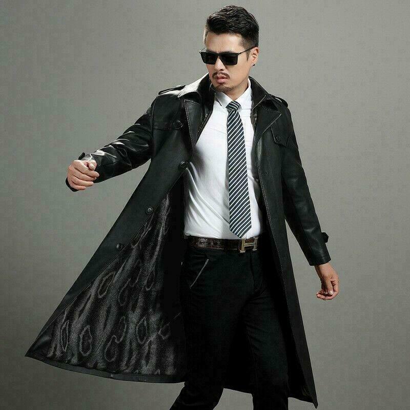 Men's Leather Long Jacket Trench Coat Overcoat Slim Fit Men's Leather Long Jacket Trench Coat Overcoat Slim Fit