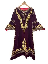 Vintage Burgundy Velvet Gold Embroidered Caftan Boho Dress Bell Sleeve