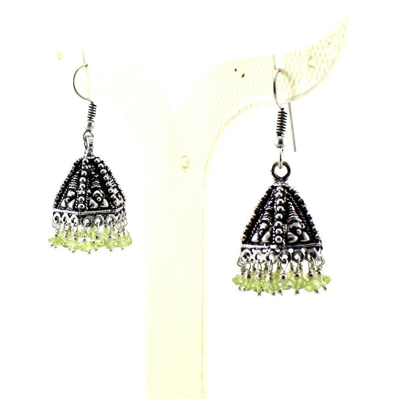Hanging Earrings Natural Peridot Gemstone Handmade Beaded Jewelry Oxidized - Image 2 of 2