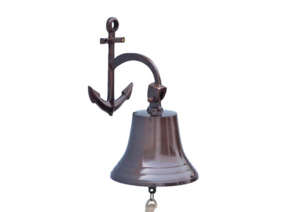 Ship's Bell Copper Finish Solid Aluminum 9'' w/ Anchor Bracket Hanging Wall Decor