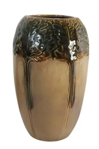 Vintage Arts & Crafts Style Vase Leaf Pattern Glazed  Dripped Brown and Green
