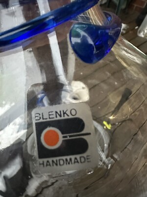 Blenko Handcraft 8318 Art Glass Crystal Vase with Blue Swirl