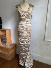 Y2K vtg NICOLE MILLER Ruched Metallic Crinkle Stretch Column Gown 8 Bodycon USA