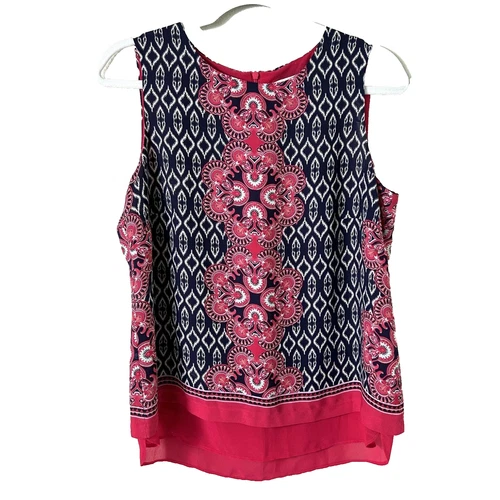 Rose + Olive Top Womens Size M Pink Black Paisley Geometric Sleeveless Blouse