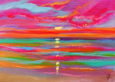 5x7"  Original Painting on Canvas. Abstract Seascape at Sunset. Ocean Art. COA