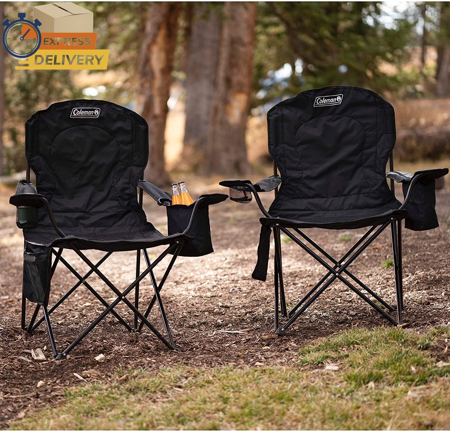 Portable Camping Chair with 4-Can Cooler, Cushioned Seat & Back with Side Pocket