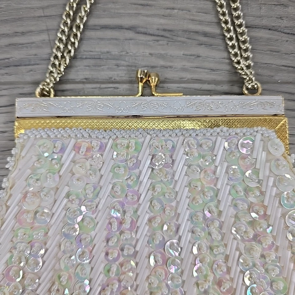 Vintage Iridescent White Sequin Beaded Satin Lining Wedding Clutch Purse - Image 3 of 4