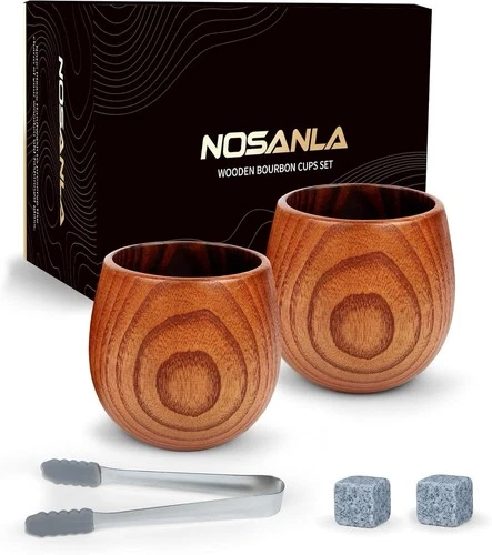 Charred Wooden Whiskey Glass Set w/ 8 Stones & Tongs, Bourbon Gift for Men