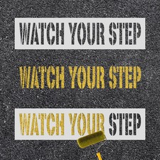 PEUTIER 2pcs Watch Your Step Stencils, 22.83x5.51 inch Warning Sign M, White