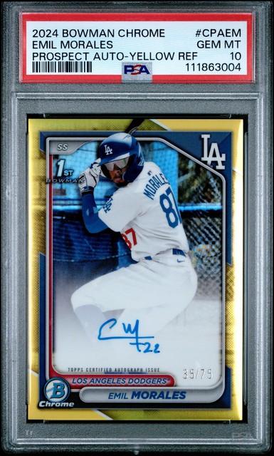 2024 Bowman Chrome Prospect Autographs Emil Morales Yellow Ref 35/75 PSA 10