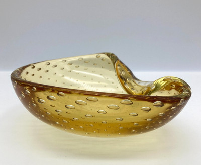 Murano Glass Bowl / Ashtray, Bubble Art, Amber Yellow, Vintage