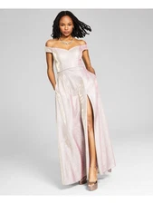 BLONDIE NITES Womens Pink Lined Short Sleeve Off Maxi Prom Gown Dress 3