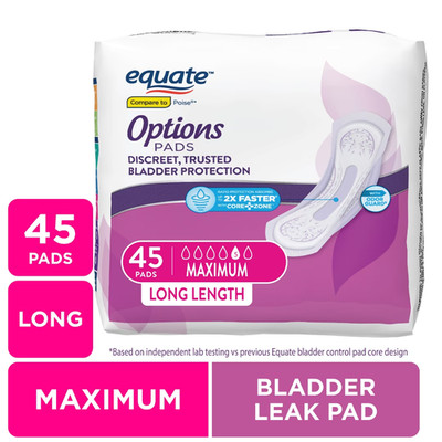 Equate Options Women's Incontinence Pads, Long Length (45 Count)