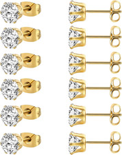 6 Pairs 18K Gold Plated Stud Earrings with 5A Cubic Zirconia for Women