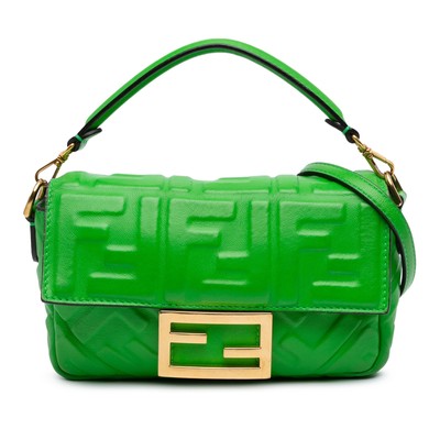 Authenticated Fendi Mini Zucca Embossed  Baguette Lime Calf Leather Satchel