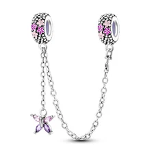 925 Sterling Silver Charm Safety Chain CZ Flower Butterfly for Women Bracelet