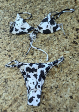 Allover Print Thong Bikini Swimsuit S Small Black and White Cow print