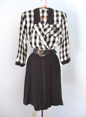 Vtg 90s Y2K Black White Checkerboard Shorts Romper Jumpsuit Belt Big Buckle  12 - Main Image