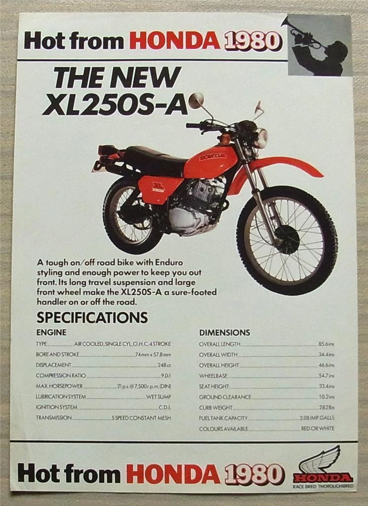HONDA XL250S A MOTORCYCLE Sales Specification Leaflet 1980 eBay
