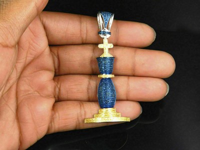 14K White Gold Over Blue Canary Diamond King Chess Piece Pendant Pave Charm 3 CT