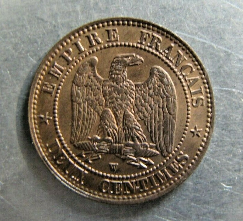France KM776.7, 2 Centimes 1857-W very sharp UNC. light bent