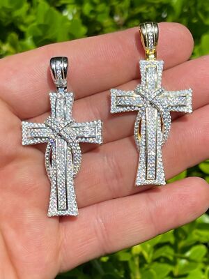 Solid 925 Silver Cross Crucifix ICY CZ Mens Pendant 14k Gold Plated