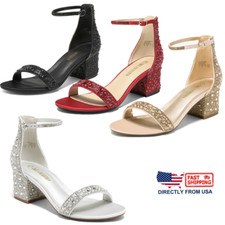 Women Low Chunky Block Heel Open Toe Rhinestone Party Wedding Pump Heel Sandals