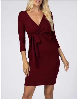 Pink Blush Burgundy Brushed Knit Wrap Fitted Maternity Nursing Dress Size Large