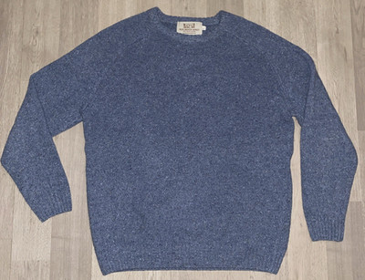 Aran Sweater LARGE Blue Lambswool Irish Fisherman Pullover Crew Neck