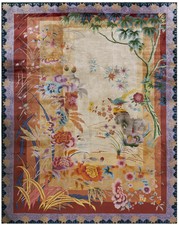 9x12 Antique Chinese Walter Nichols 1920s Ivory Allover Wool Oriental Rug