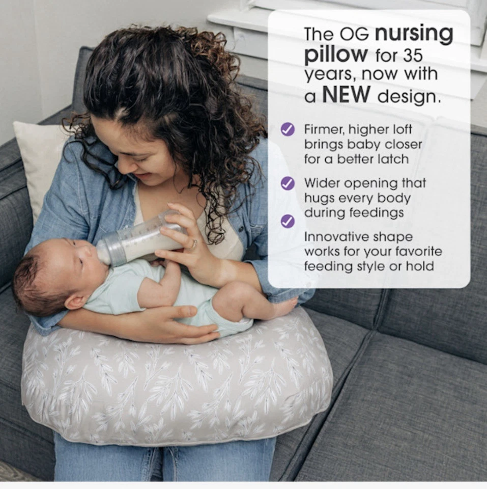 NEW Shape Boppy Nursing Pillow With Organic Cover (Camel Stitch Stripe) - Image 2 of 4