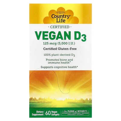 Country Life Vegan D3 5000 IU 60 Vegan Softgels Gluten-Free, Milk-Free, No