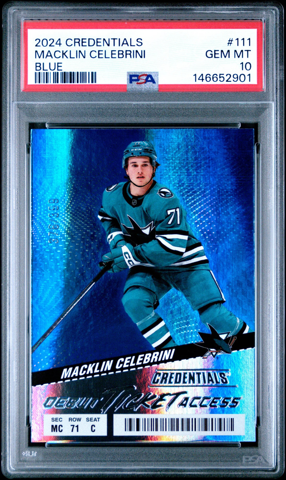 2024 Upper Deck Credentials Macklin Celebrini #111 Blue 376/399 PSA 10