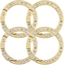 4 Pcs Round Carabiner Keyring Gold Bling Rhinestones Keychain Metal Spring O